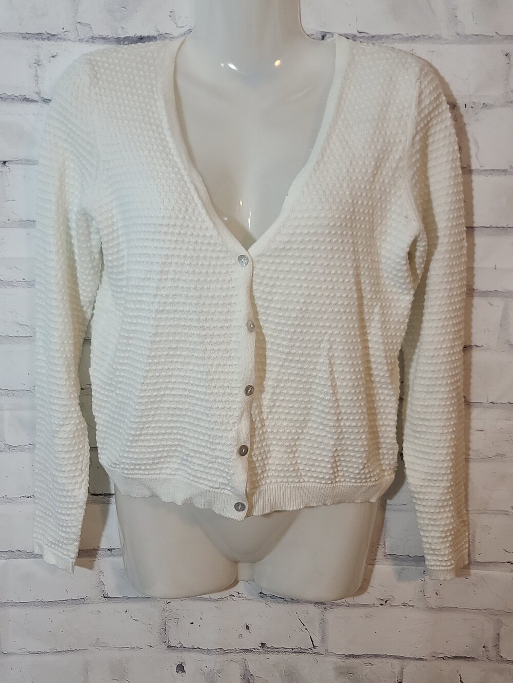 Draper James RSVP White Textured Knit V-Neck Button Front Cardigan Sweater S